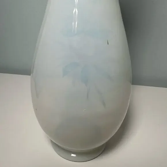 Vintage 40s White Opaline Glass Hand Painted Vase Blown Art Glass Floral - Picture 5 of 12
